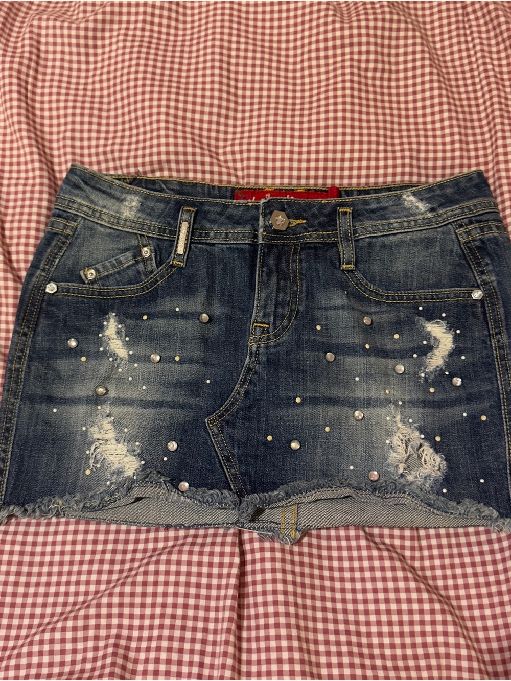 Distressed Dark Blue Denim Mini Skirt with Stud Embellishments - Picture 2 of 7